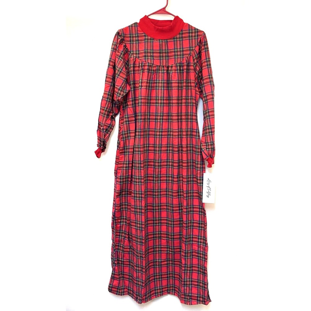 COZY Lanz of Salzburg Vintage Red Stewart Plaid Flannel Gown L Christmas Holiday